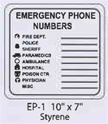 Emergency Phone Numbers styrene sign