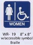 Women styrene sign with accessible symbol and braille