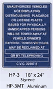 Unauthorized Vehicles With No Handicap Placard will be Towed sign