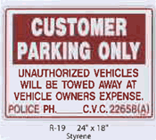 Customer Parking Only Styrene Sign